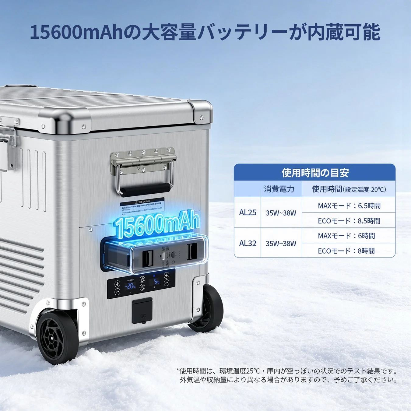 ポータブル冷蔵庫の大容量バッテリー