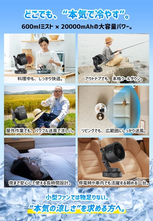 どこでも、"本気で冷やす"。600mlミスト × 20000mAhの大容量パワー。料理中も、しっかり快適。アウトドアでも、本格クールダウン。屋外作業でも、パワフル送風で涼しい。リビングでも、広範囲にしっかり送風。夜まで安心して使える長時間設計。停電時や車内でも活躍する頼れる一台。小型ファンでは物足りない。"本気の涼しさ"を求める方へ。