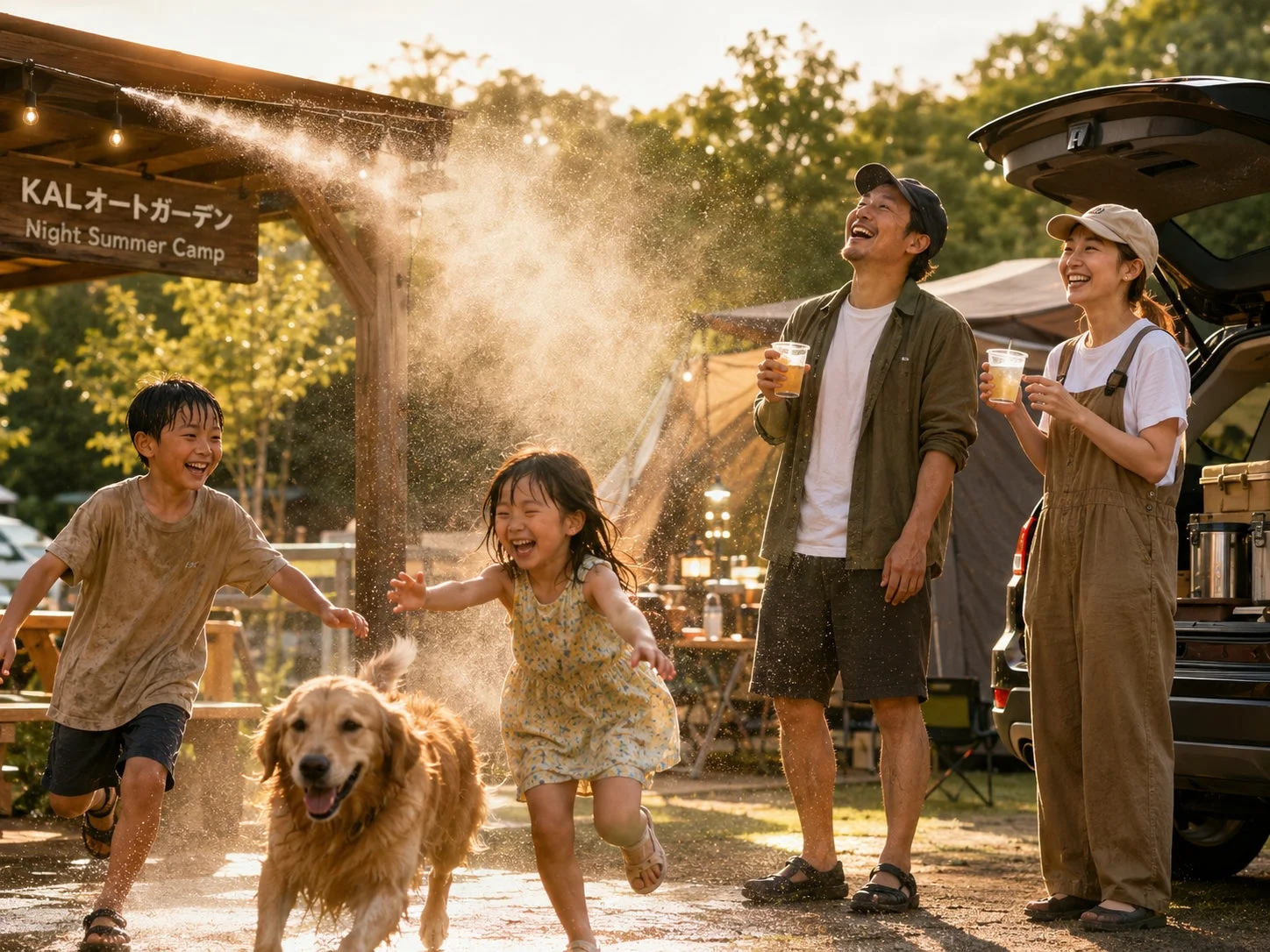 夏のキャンプ場で、子どもたちとゴールデンレトリバーが水しぶきを浴びて無邪気に遊んでいる様子