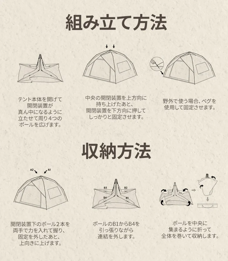 テントの組み立て方と収納方法を説明する図解です。ポールを広げて固定する手順、屋外でのペグ固定、そしてポールをたたんで巻く収納手順が示されています。