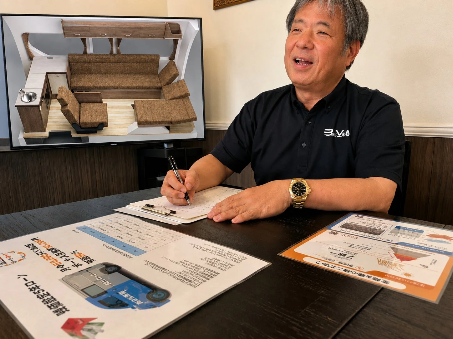 男性がテーブルで書類に記入しており、後ろのモニターにはキャンピングカーの3D内装図が映し出されています。手元には自動車ローンやカーリースに関する資料があり、商談中の様子を捉えた一枚です。