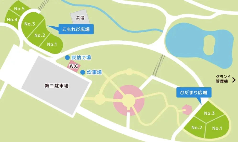公園やレジャー施設の案内図で、駐車場、広場、炊事場、トイレ、湖などの主要な施設配置が示されています。