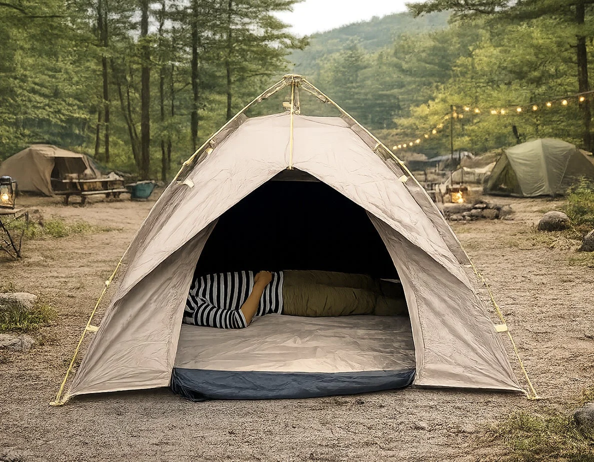 森林のキャンプ場で、メインのテントの中に人が横たわっています。背景には他のテント、焚き火、ストリングライトが見え、自然の中でのリラックスしたキャンプの雰囲気が伝わる一枚です。