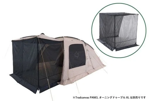キャンプ用のテントと連結可能なスクリーンタープ、および単体で使用できる別売りのスクリーンタープが示されています。