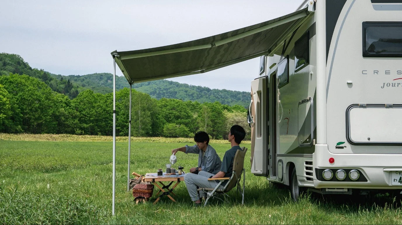 キャンピングカーの横にタープを広げ、自然の中で二人の男性がコーヒーを淹れてくつろいでいる様子。緑豊かな草原と森林が広がる開放的な空間で、ゆったりとした時間を過ごしています。