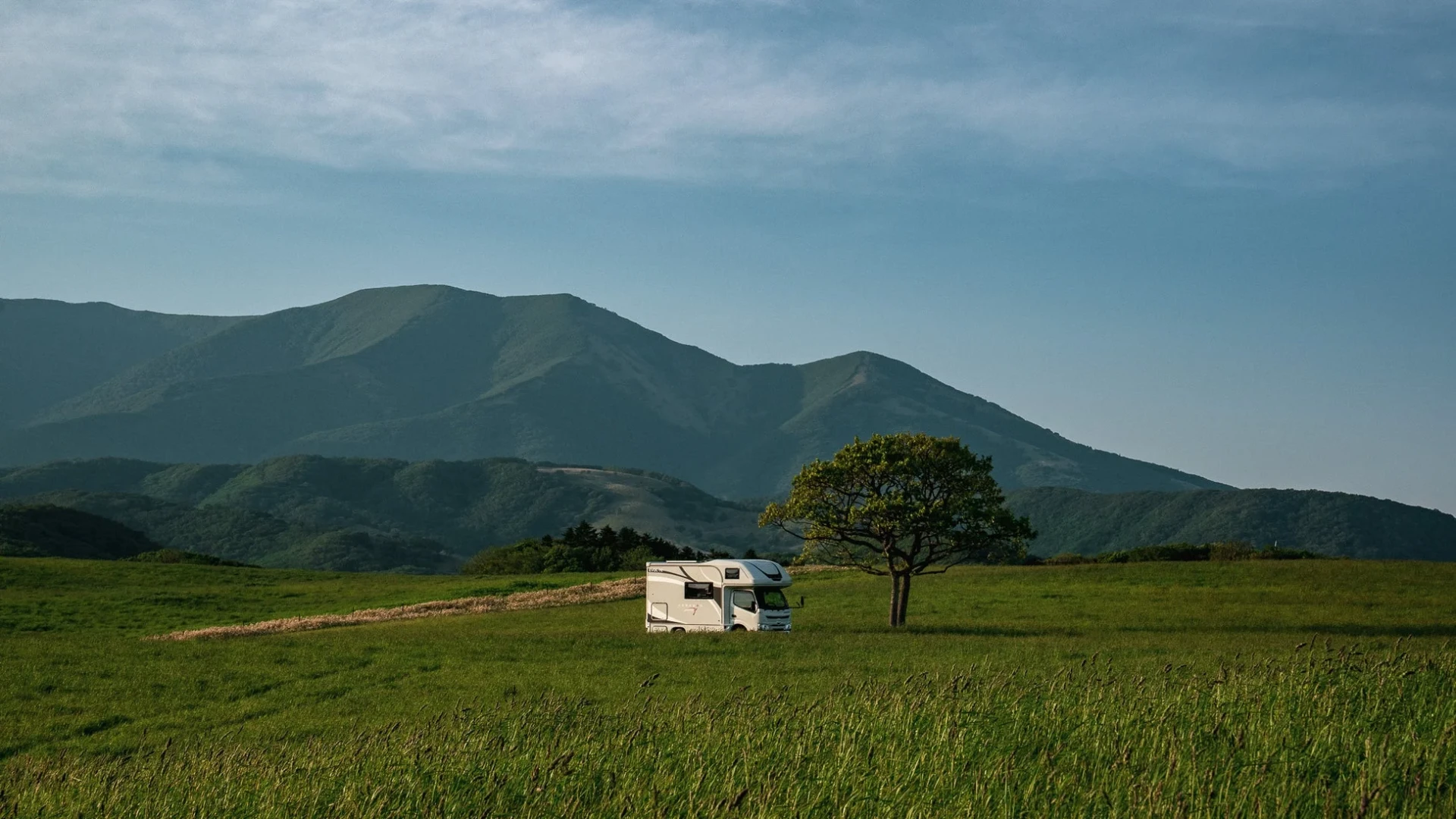 広大な緑の草原に白いキャンピングカーと一本の木が佇み、背景には雄大な山々が連なる美しい自然風景です。穏やかな旅の情景を捉えています。