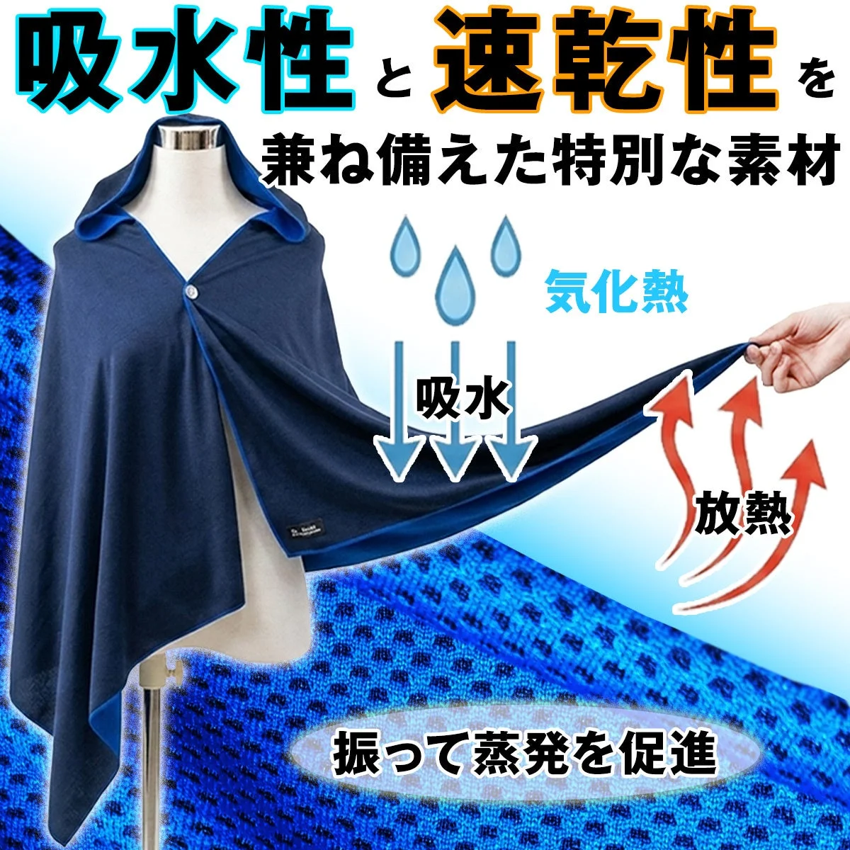 吸水性と速乾性を兼ね備えた素材と冷却メカニズムの説明