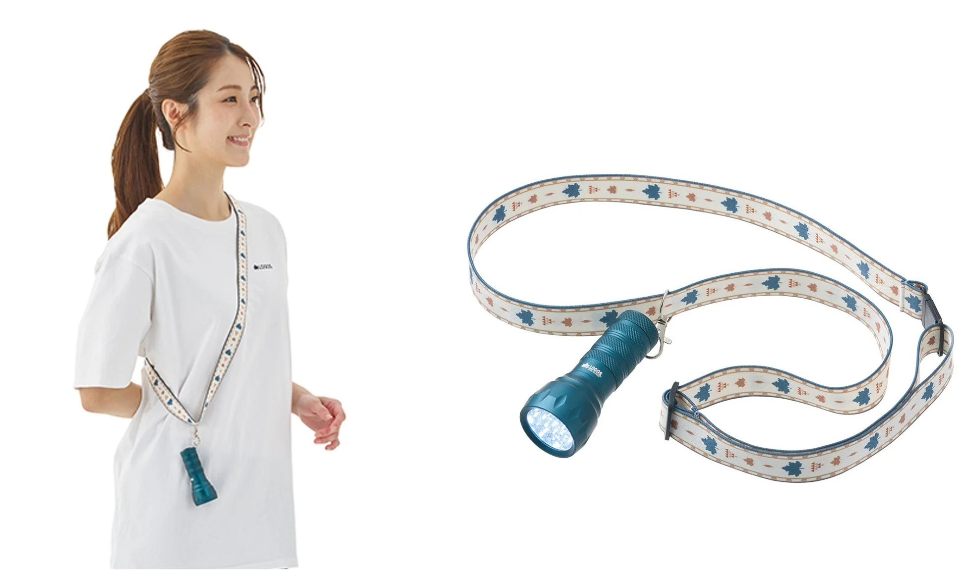 白いTシャツを着た女性が、首から柄入りストラップ付きの青緑色の懐中電灯を下げている。右側には懐中電灯とそのストラップの単体が写っており、アウトドアや日常使いに便利なハンズフリーアイテムとして紹介されている。