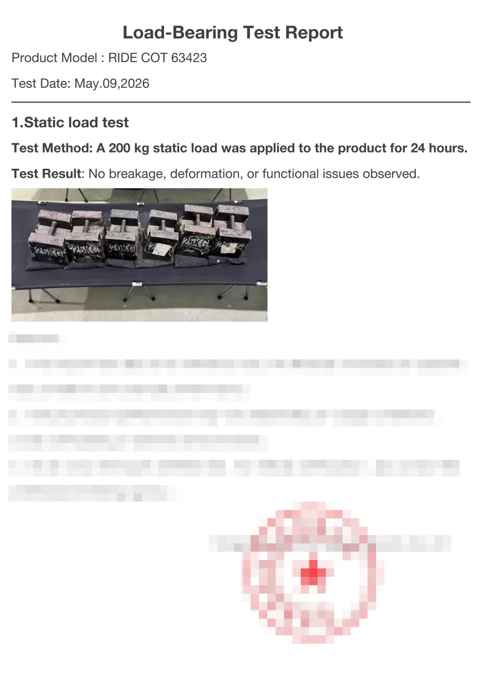 RIDE COT 63423製品の耐荷重試験報告書です。200kgの静的荷重を24時間加えた結果、破損や変形、機能上の問題は見られず、製品の耐久性が確認されています。