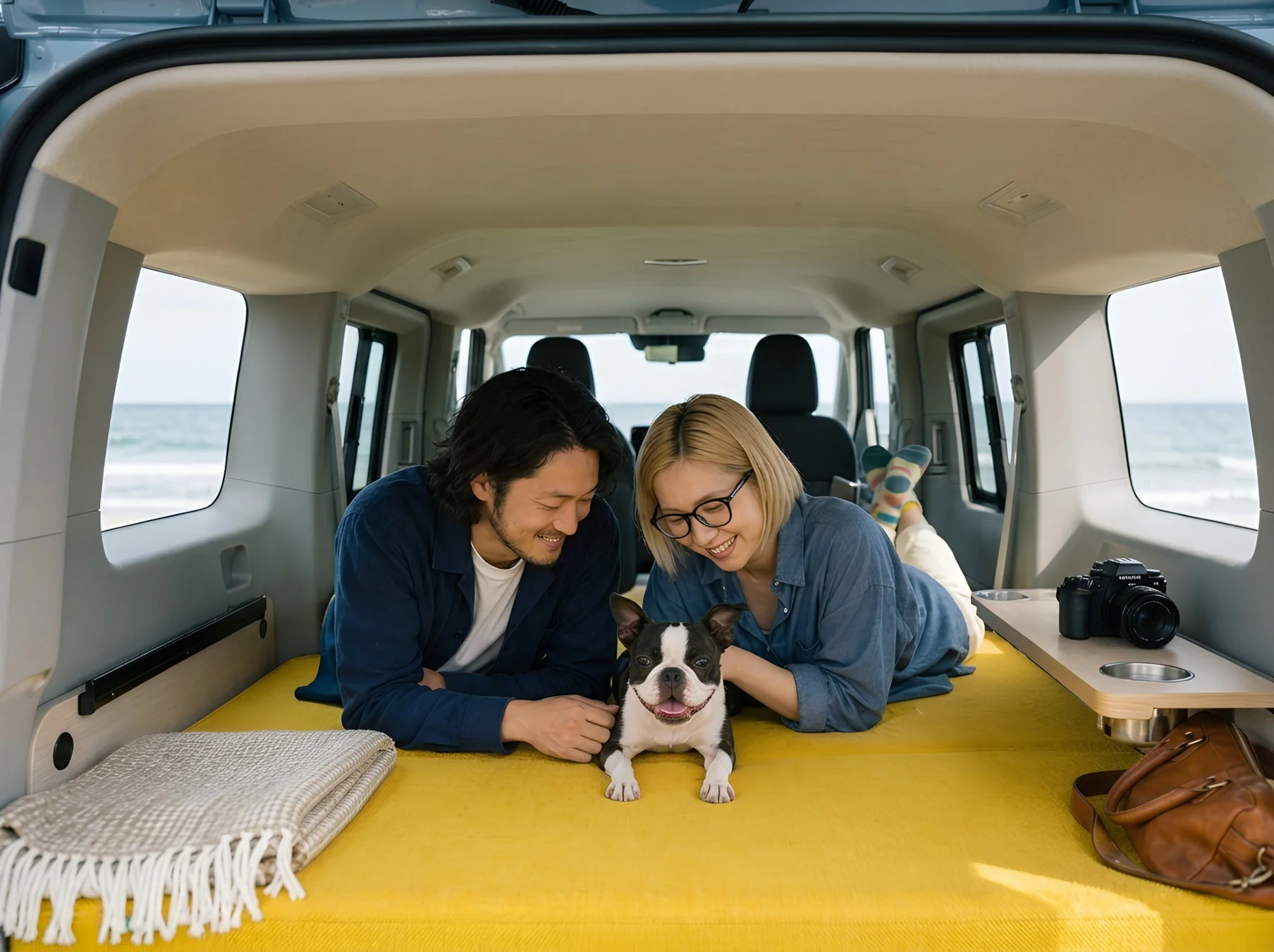 キャンピングカーの荷台で愛犬とくつろぐカップル