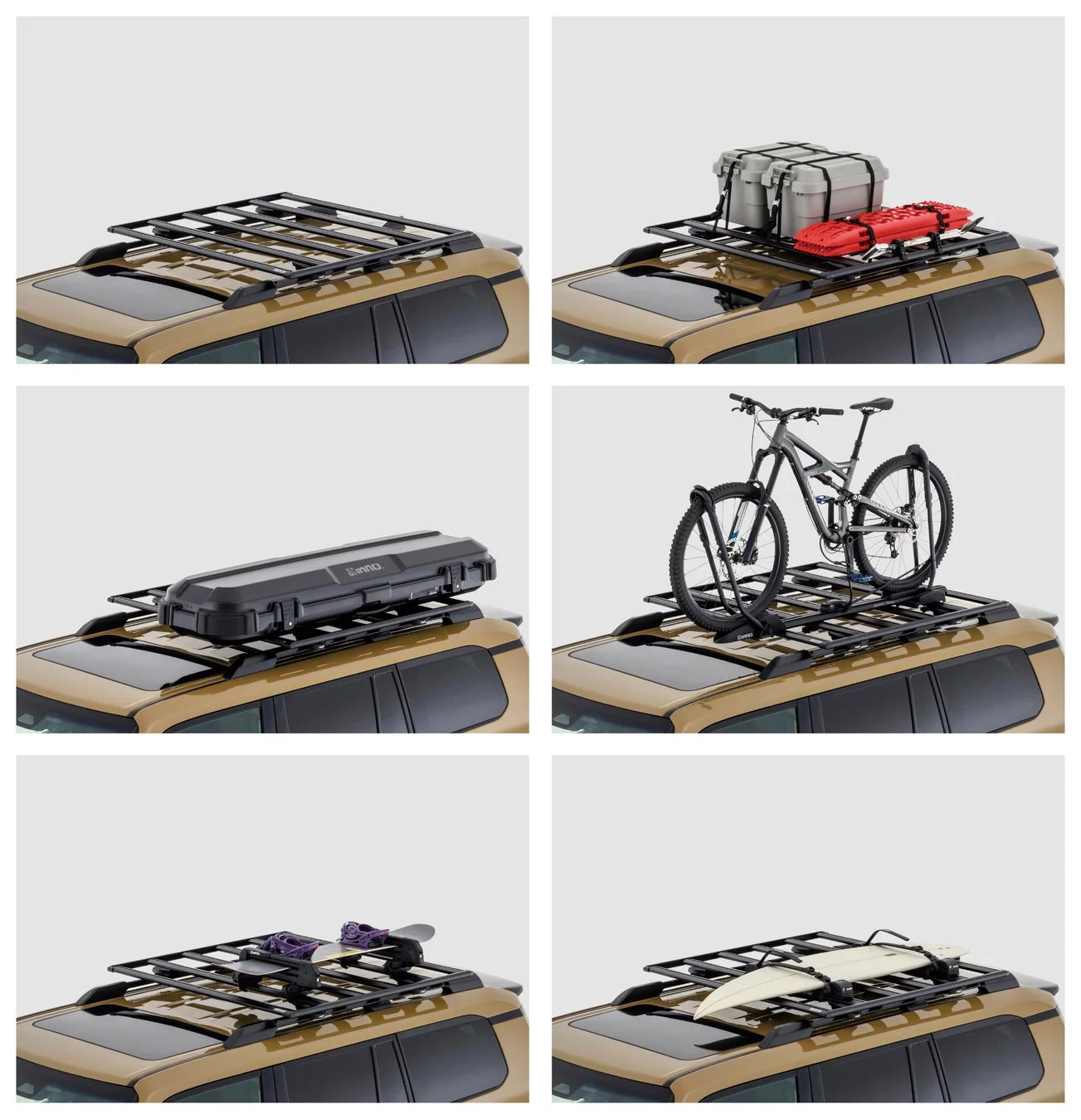 SUVのルーフラックに様々なアウトドア用品（自転車、カーゴボックス、スノーボード、サーフボードなど）を積載している様子が複数表示されています。