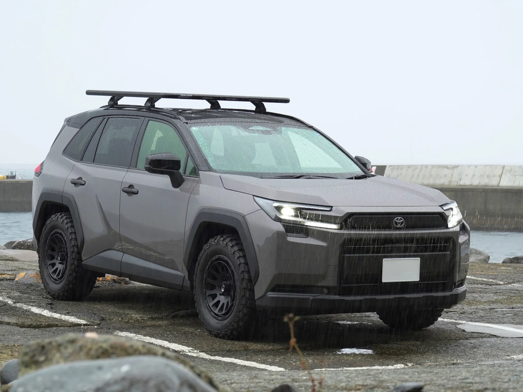 雨降る海辺に駐車された、グレーのトヨタRAV4風SUV。ルーフラックとオフロードタイヤが特徴的で、アウトドア志向のカスタムが施されている様子です。