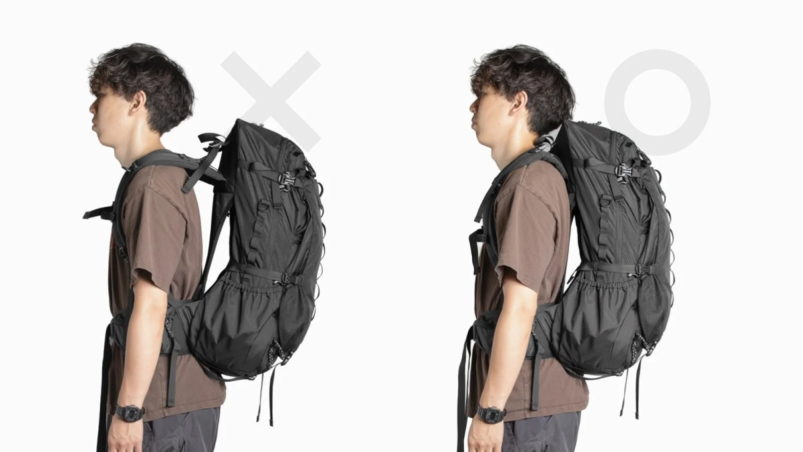 バックパックの正しい着用方法と間違った着用方法の比較
