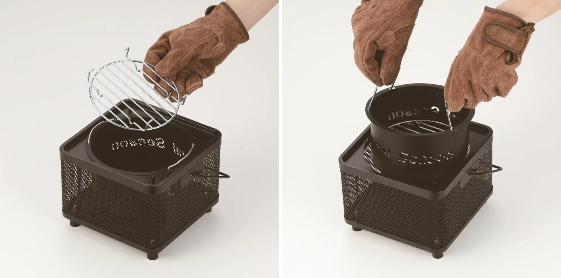 耐熱グローブを着用した手が調理器具を組み立てている様子