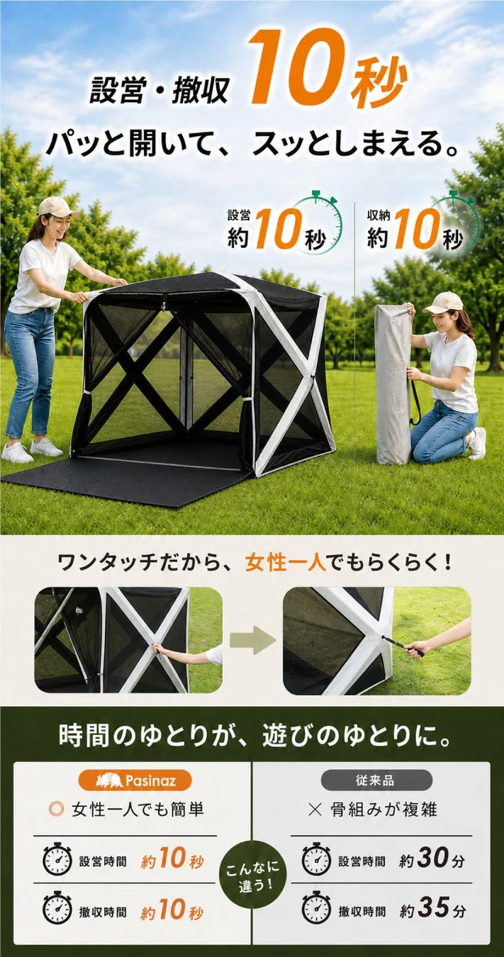 Pasinaz 360°パノラマテントの約10秒設営