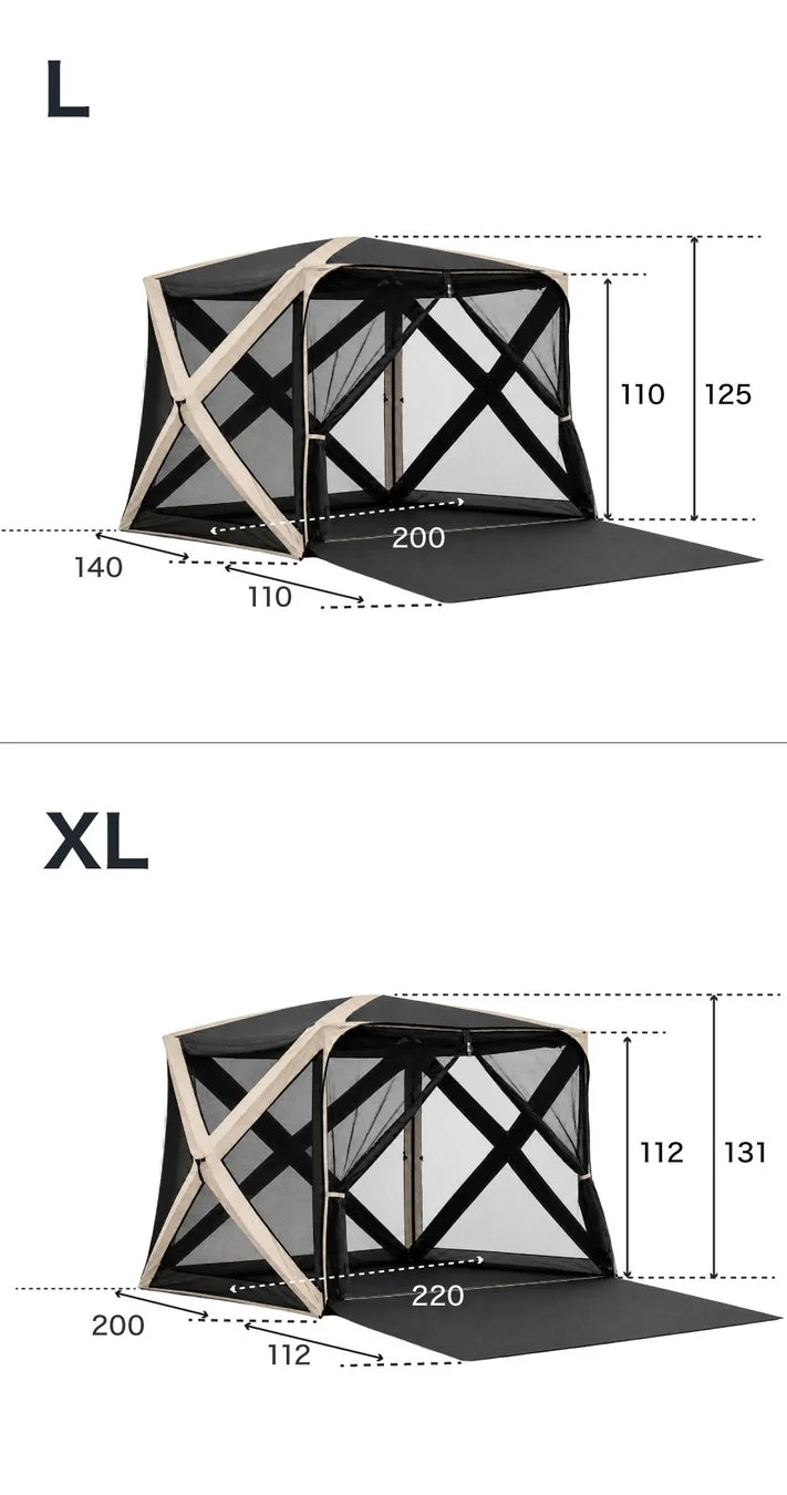 Pasinaz 360°パノラマテント LとXLサイズの寸法