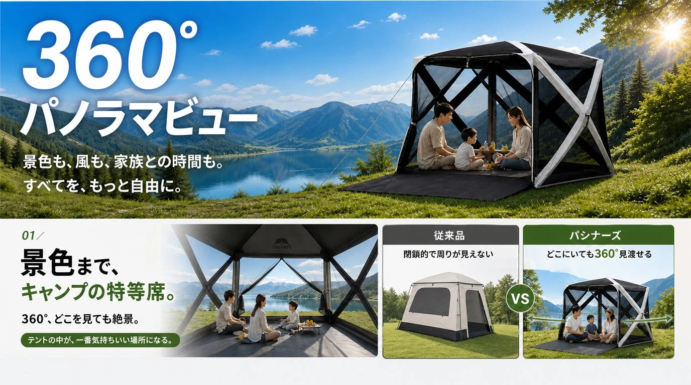 Pasinaz 360°パノラマテントから景色を楽しむ家族